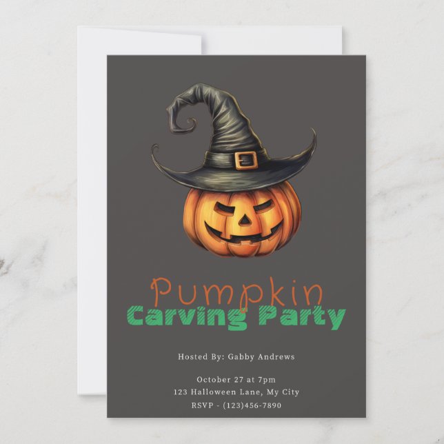 Jack-O' Lantern Witch Grey Pumpkin Carving Party Invitation (Front)