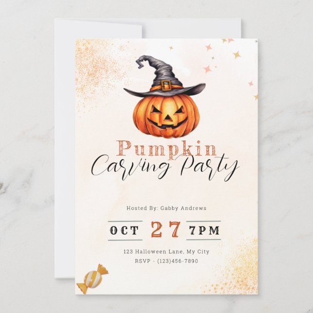 Jack-O' Lantern Witch Orange Pumpkin Carving Party Invitation (Front)