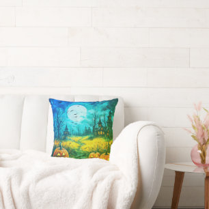 Jack-O' Lanterns and Creepy Houses Moon Halloween Cushion