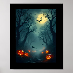 Jack-O'-Lanterns and Full Moon Poster