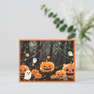 Jack O' Lanterns and Ghosts in Halloween Forest Holiday Postcard