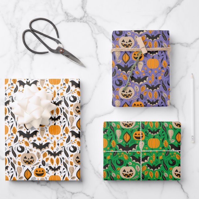 Jack o lanterns bats ghosts autumn cute halloween wrapping paper sheet (Front)
