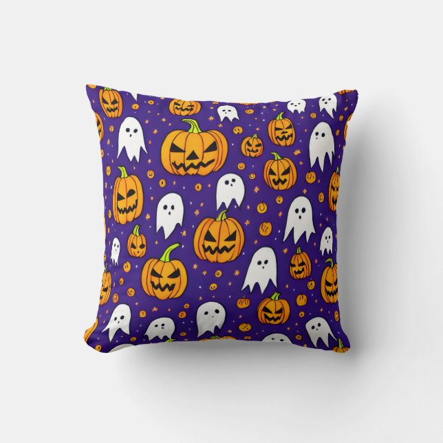 Jack O Lanterns & Ghosts Pattern Throw Pillow (Front)
