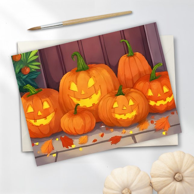 Jack-O-Lanterns | Halloween Watercolor Pumpkins Holiday Postcard (Creator Uploaded)