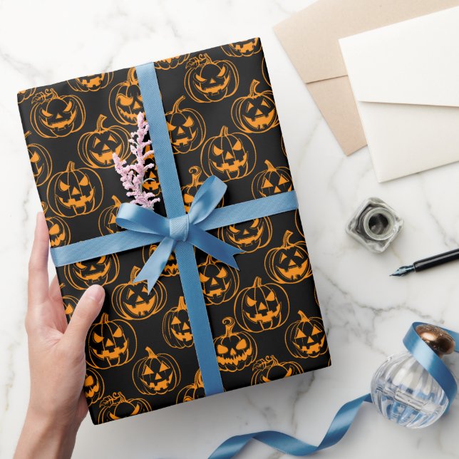 Jack-o-lanterns Pattern.Orange Black BG Wrapping Paper (Gifting)