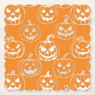 Jack-o-lanterns Pattern.White Orange BG Paper Coaster