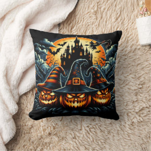 Jack-o'-lanterns shine under moonlight cushion