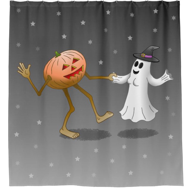 Jack O'lantern dancing with the ghost Shower Curtain (Front)