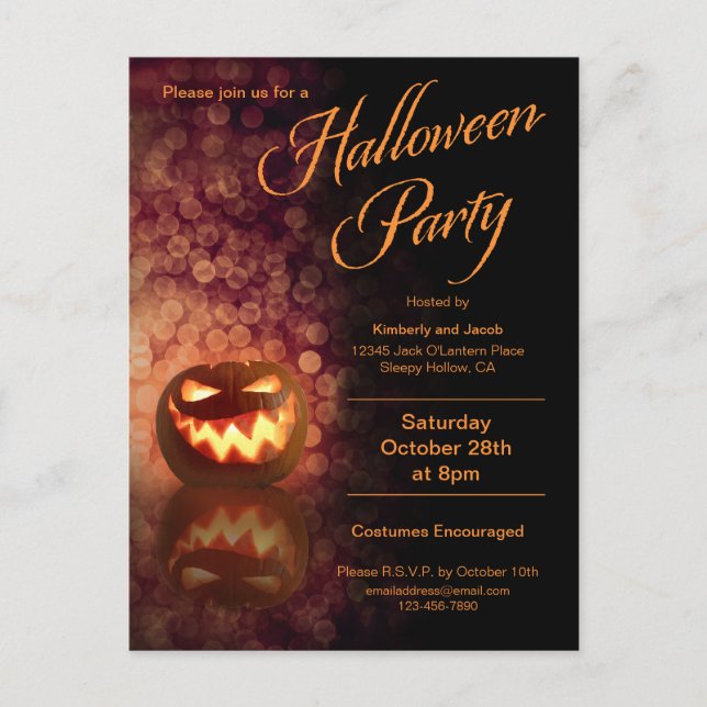 Jack O'Lantern Hallowen Party Black + Orange Invitation Postcard (Front)