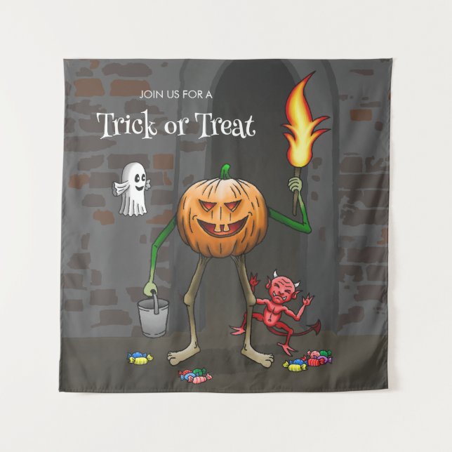 Jack O'lantern on a Friendly Trick or Treat Tapestry (Front)