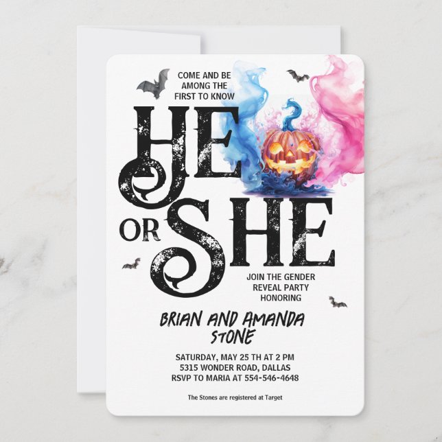 Jack O'Lantern Pink Blue Halloween Gender Reveal  Invitation (Front)