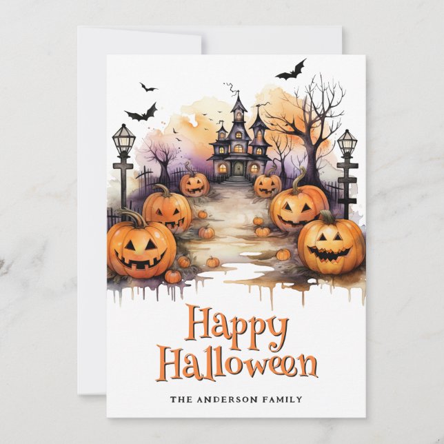 Jack O'Lanterns Bats Ghosts Happy Halloween Card (Front)