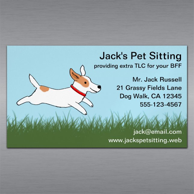 Jack Russell Cartoon Dog Running on Grass Magnetic Business Card (Creator Uploaded)