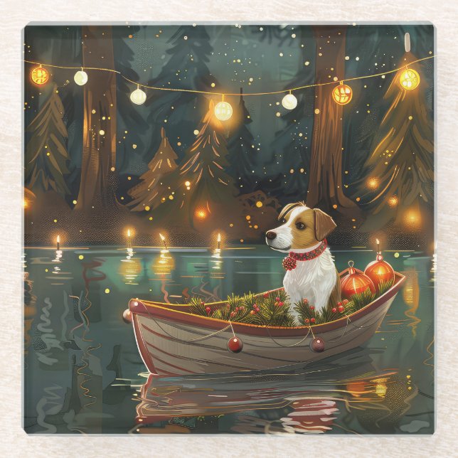 Jack Russell Christmas Festive Voyage Glass Coaster (Front)