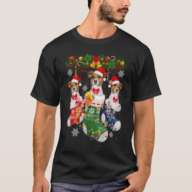 Jack Russell Christmas Socks Tree Light Xmas Santa T-Shirt (Front)