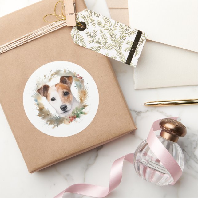 Jack Russell Christmas Wreath Festive Pup  Classic Round Sticker (Gifting)