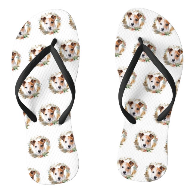 Jack Russell Christmas Wreath Festive Pup  Thongs (Footbed)