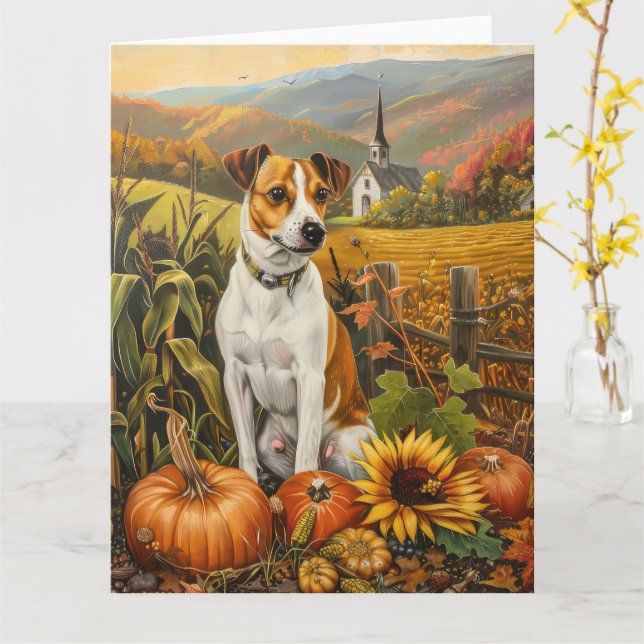 Jack Russell Dog Autumn Harvest Thanksgiving  Card (Yellow Flower)