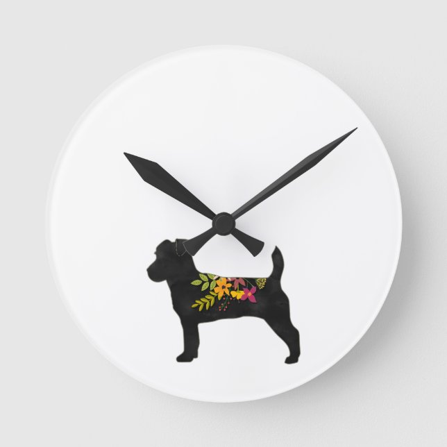 Jack Russell Dog Breed Boho Floral Silhouette Round Clock (Front)