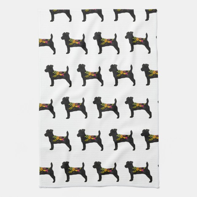 Jack Russell Dog Breed Boho Floral Silhouette Tea Towel (Vertical)