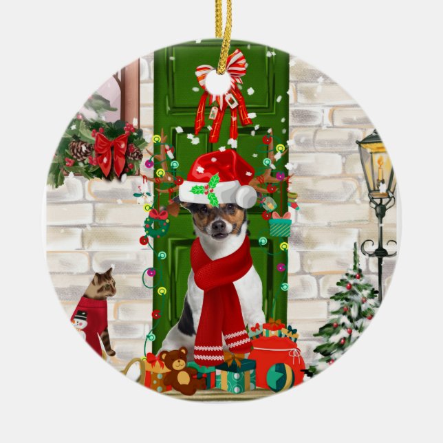 Jack Russell Dog Christmas  Ceramic Ornament (Front)