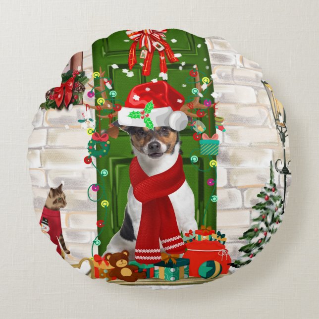 Jack Russell Dog Christmas Round Cushion (Front)