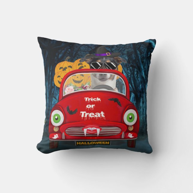 Jack Russell Dog Driving Car Scary Halloween  Cushion (Front)