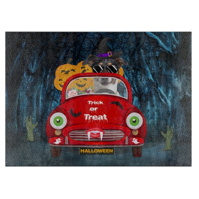 Jack Russell Dog Driving Car Scary Halloween  Cutting Board (Front)