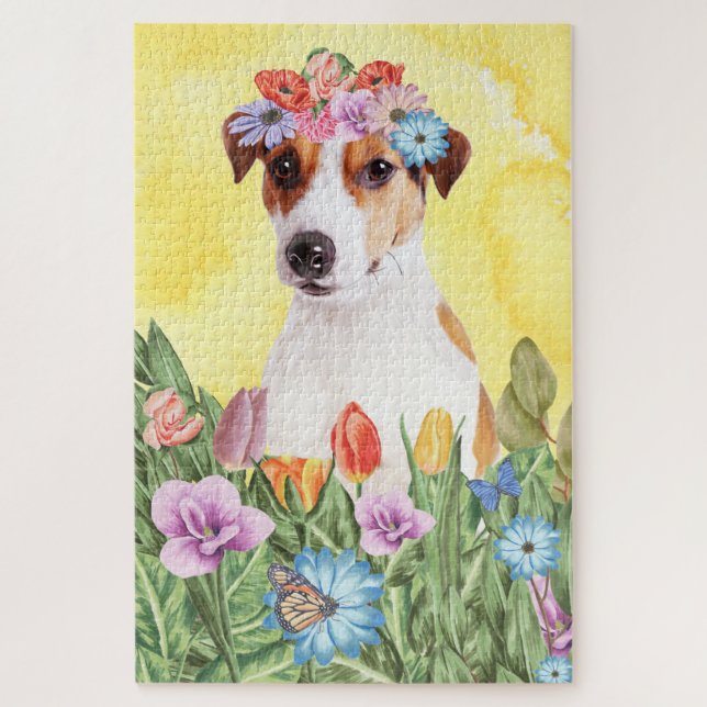 Jack Russell Dog Flowers Jigsaw Puzzle (Vertical)