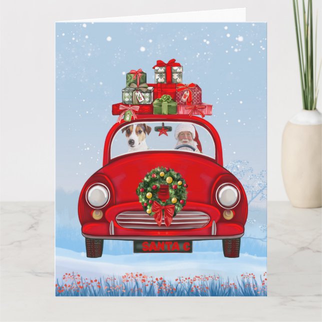 Jack Russell  Dog In Car With Santa Claus  Card (Front)