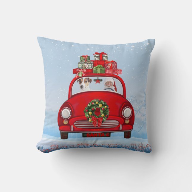 Jack Russell  Dog In Car With Santa Claus Cushion (Front)