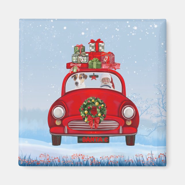 Jack Russell  Dog In Car With Santa Claus Magnet (Front)