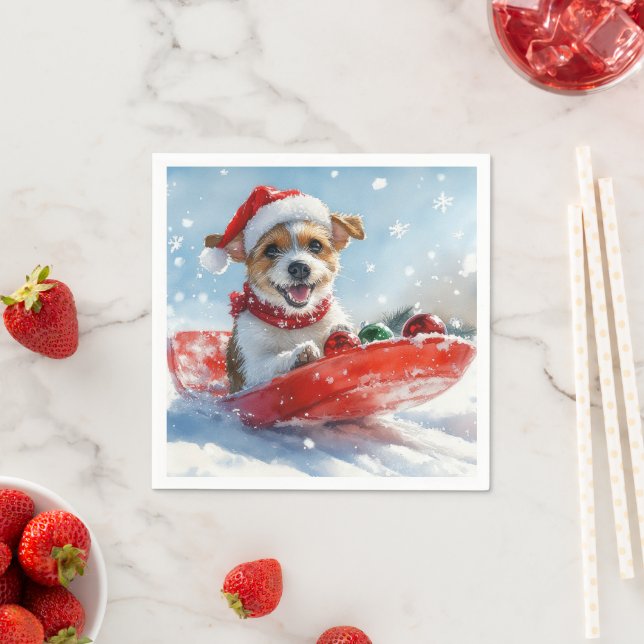 Jack Russell Dog in Sledge Let it Snow Christmas Napkin (Insitu)