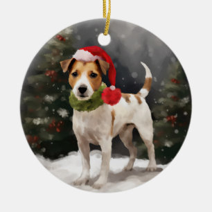 Jack Russell Dog in Snow Christmas Ceramic Ornament