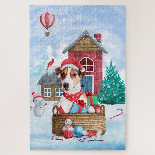 Jack Russell Dog In snow Christmas Dog House Jigsaw Puzzle (Vertical)
