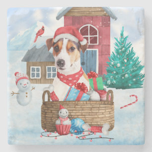 Jack Russell Dog In snow Christmas Dog House Stone Coaster