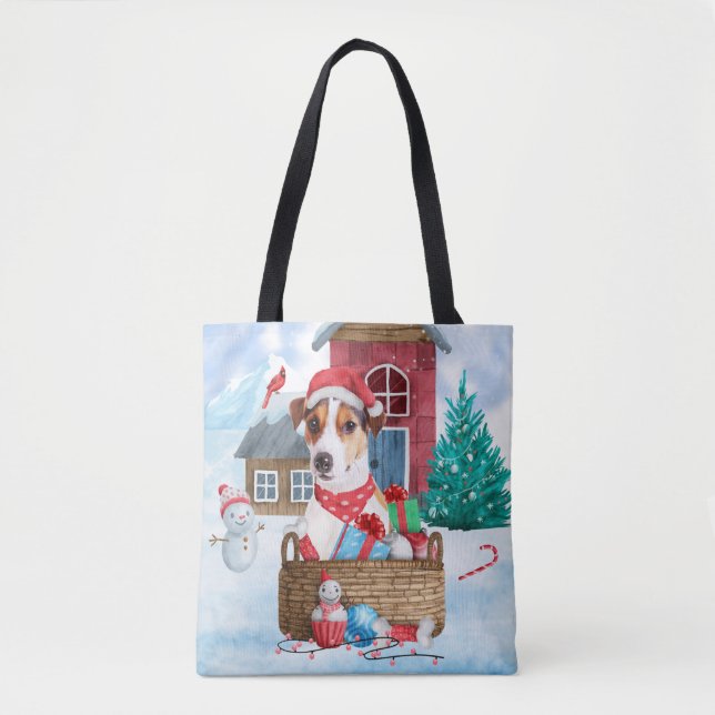 Jack Russell Dog In snow Christmas Dog House Tote Bag (Front)