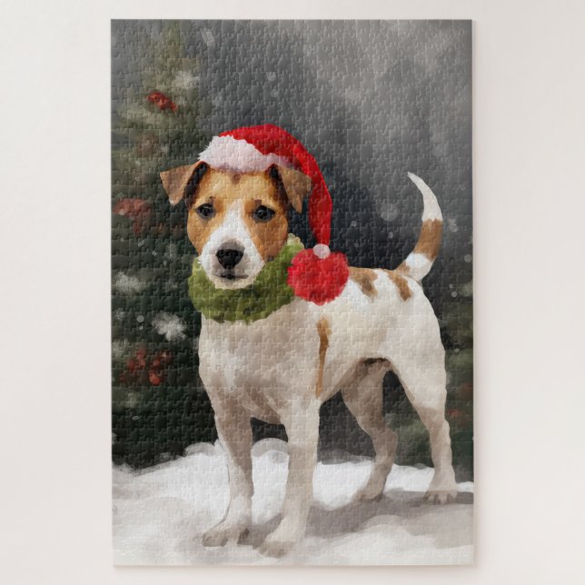 Jack Russell Dog in Snow Christmas Jigsaw Puzzle (Vertical)