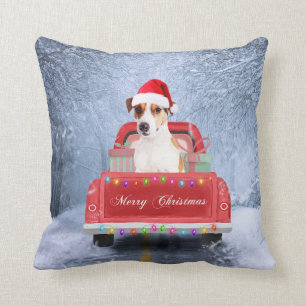 Jack Russell Dog in Snow sitting in Christmas  Cushion