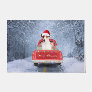 Jack Russell Dog in Snow sitting in Christmas  Doormat