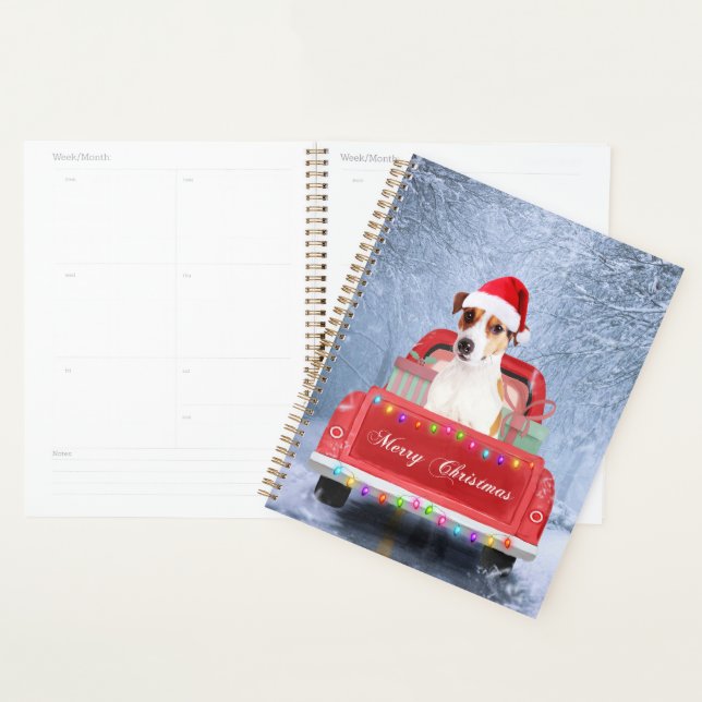 Jack Russell Dog in Snow sitting in Christmas Planner (Display)
