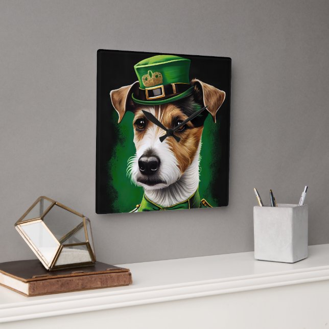 Jack Russell Dog in St. Patrick's Day Dress Square Wall Clock (Office)