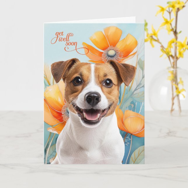 Jack Russell Dog Orange Poppy Flowers Get Well Card (Yellow Flower)