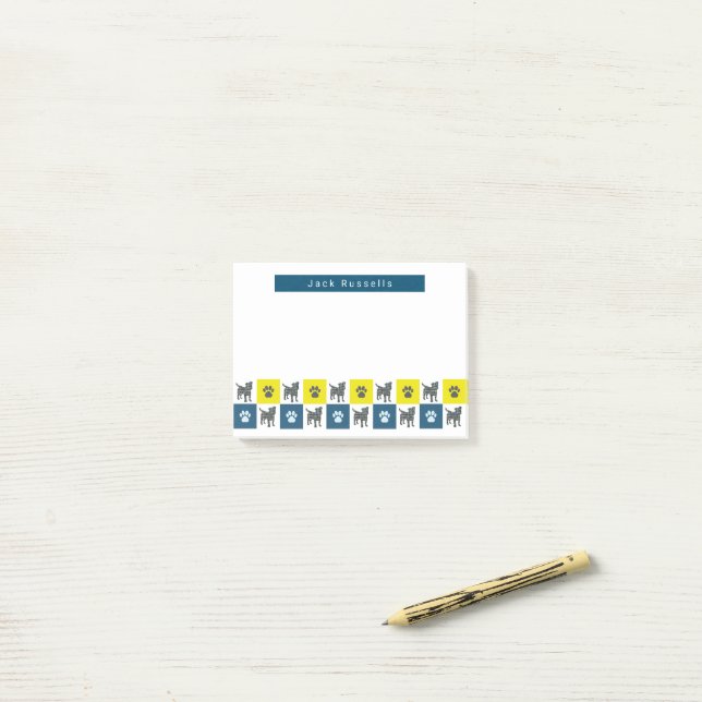 Jack Russell Dog & Paw Yellow&Blue Grid Silhouette Post-it Notes (On Desk)