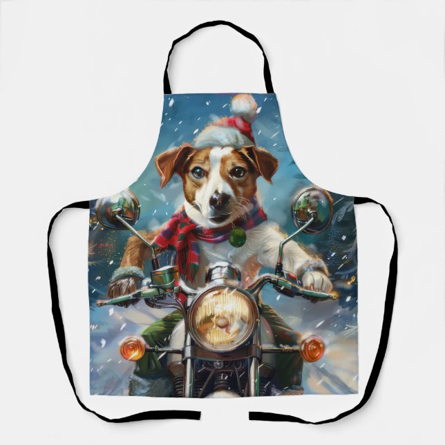 Jack Russell Dog Riding Motorcycle Christmas  Apron (Front)