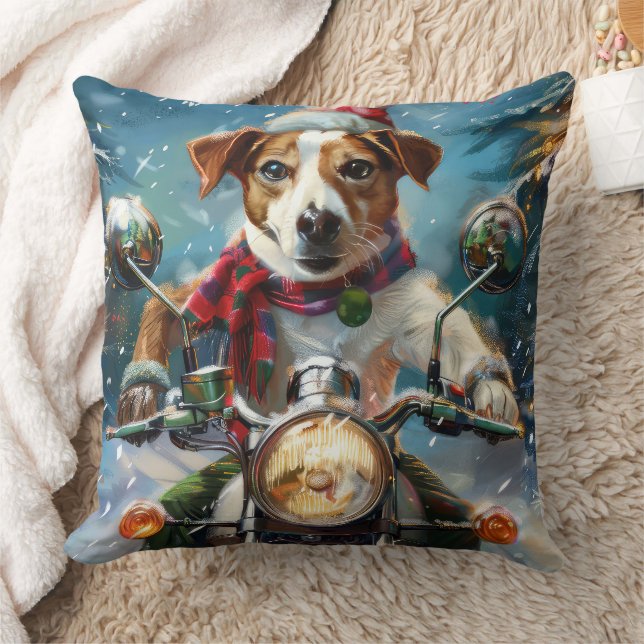 Jack Russell Dog Riding Motorcycle Christmas  Cushion (Blanket)