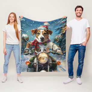 Jack Russell Dog Riding Motorcycle Christmas Fleece Blanket