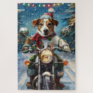 Jack Russell Dog Riding Motorcycle Christmas Jigsaw Puzzle