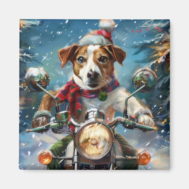 Jack Russell Dog Riding Motorcycle Christmas  Magnet (Front)
