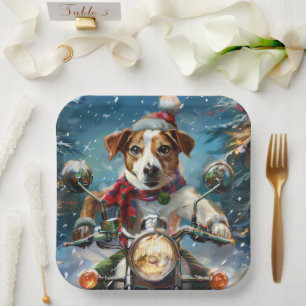 Jack Russell Dog Riding Motorcycle Christmas  Paper Plate